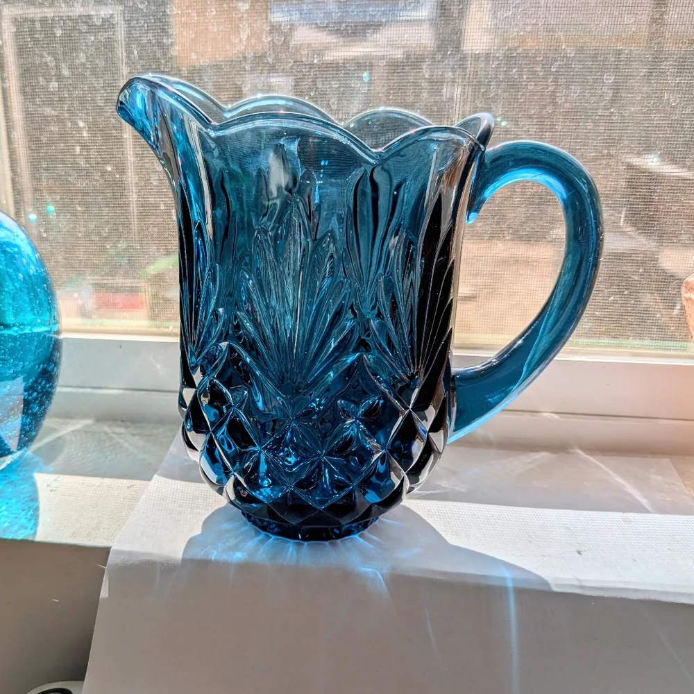 Jeffrey Banks Dark Blue Cut Crystal Pitcher Scalloped Edges Shannon By Godinger